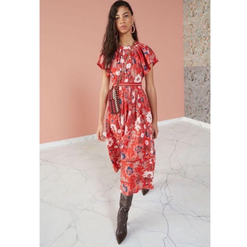 Ulla Johnson Lottie Floral Midi Dress Scarlet Red - Picture 1 of 12